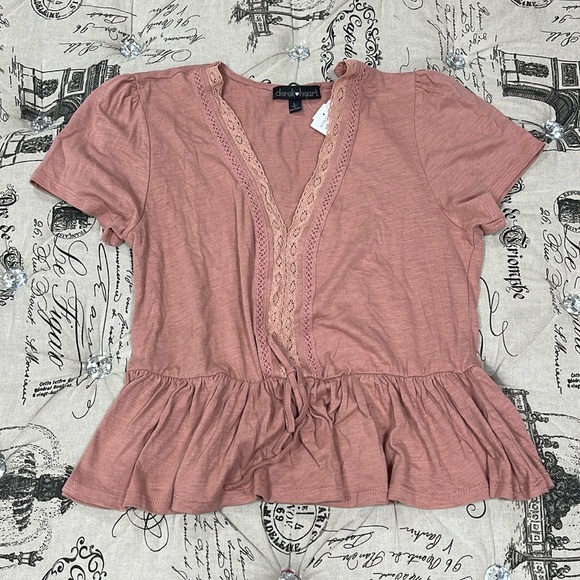 Derek Heart Knit Lace  Short Sleeve Peasant Top - Picture 1 of 5